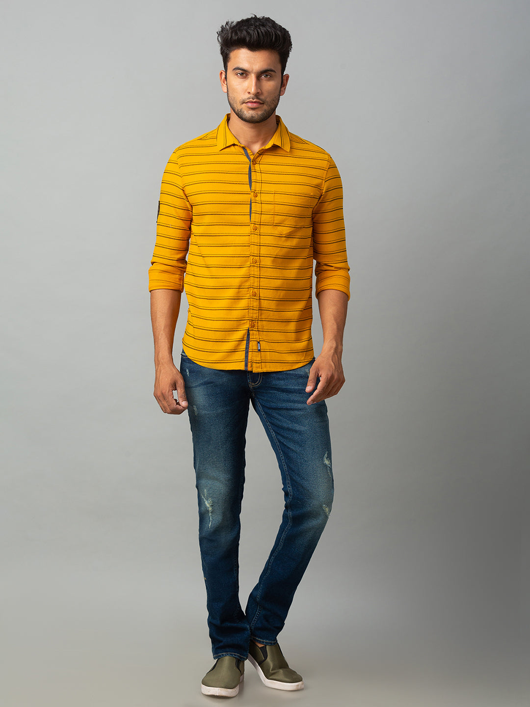 Spykar Men Yellow Cotton Slim Fit Shirt