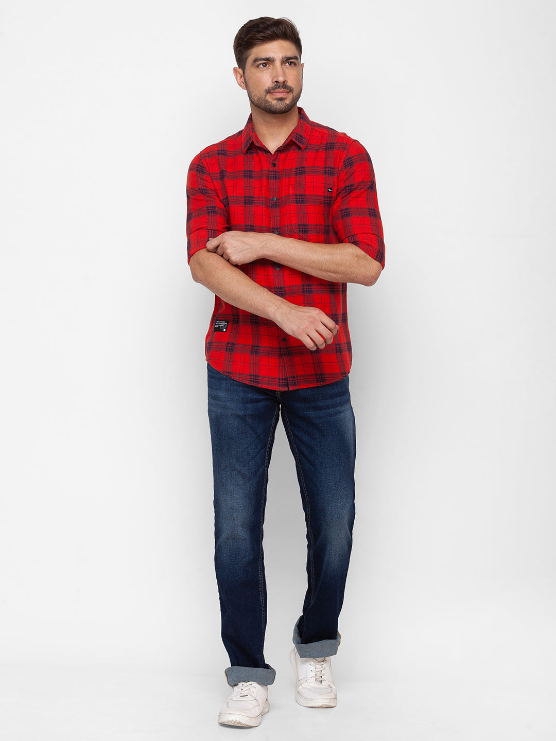 Spykar Red Cotton Full Sleeve Checks Shirt For Men