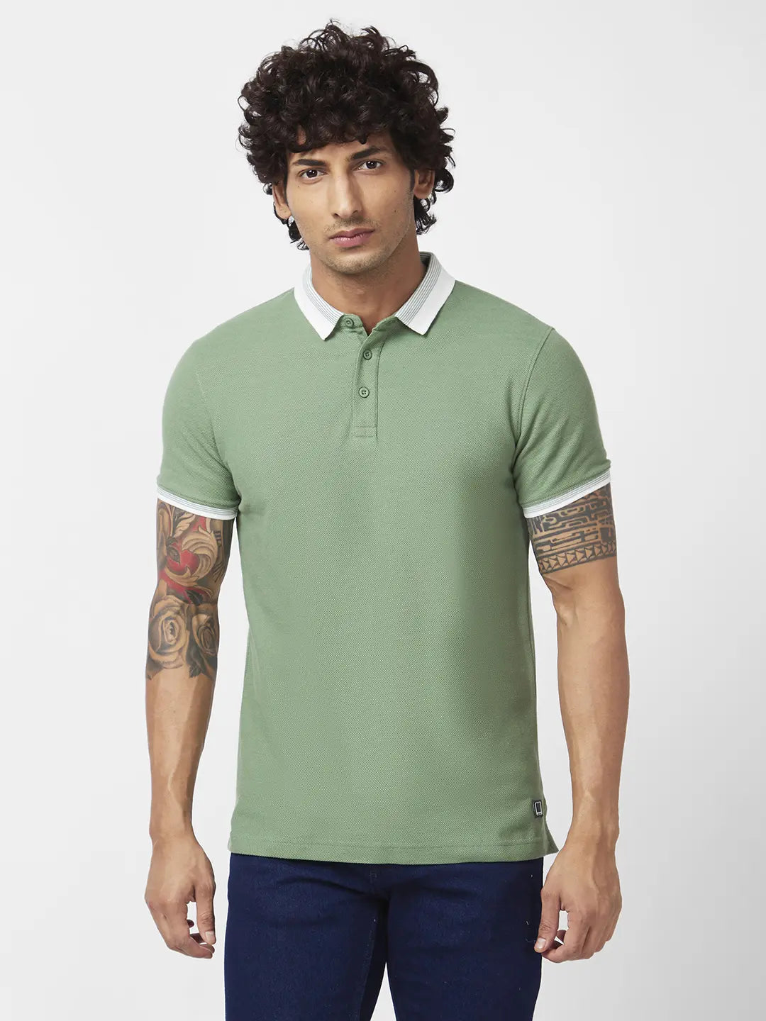Spykar Men Sage Green Blended Slim Fit Half Sleeve Polo Neck Plain Tshirt