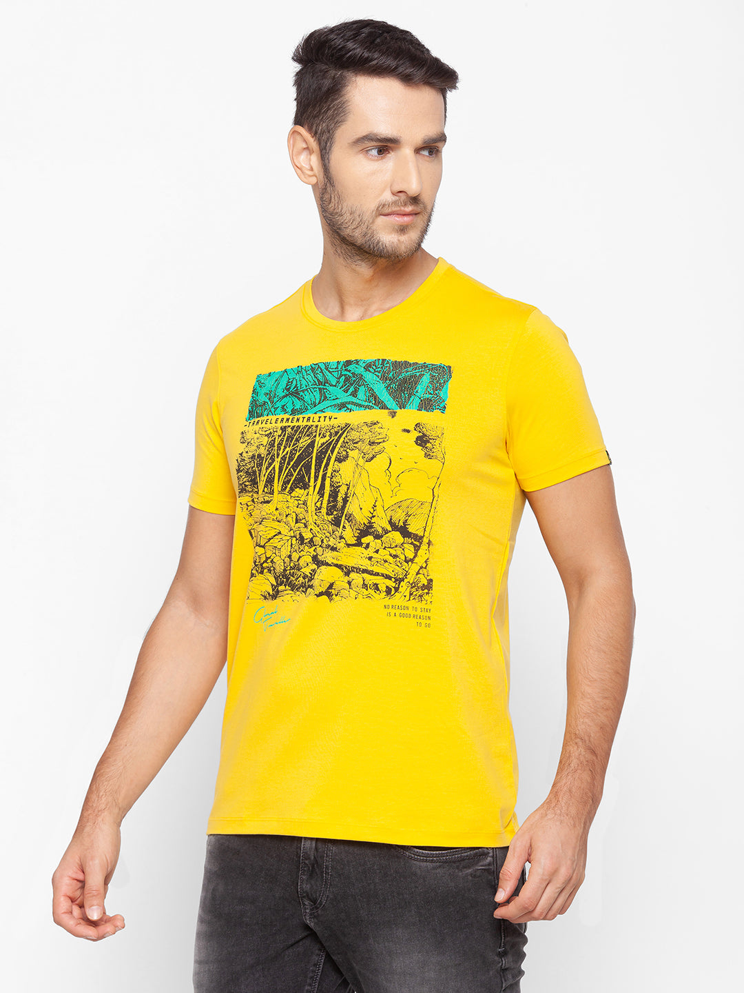 Spykar Men Yellow Cotton Slim Fit Round Neck T-Shirt