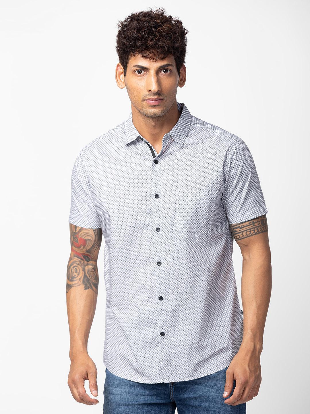 Spykar Men Black Cotton Slim Fit Printed Half sleeve Shirt