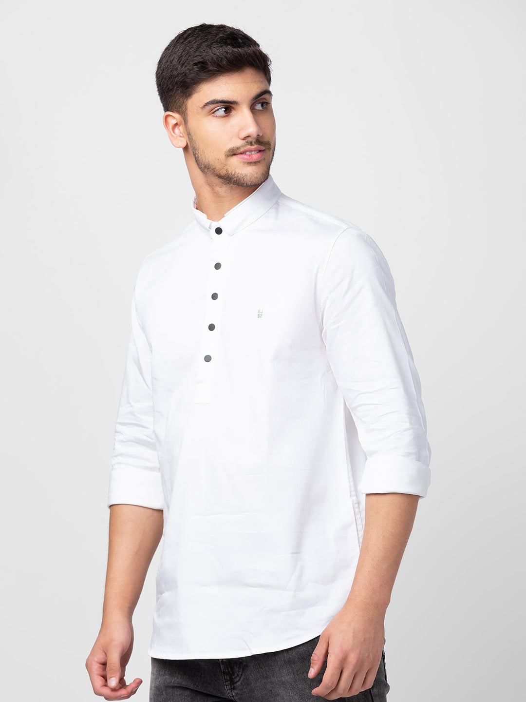 Spykar Men White Cotton Slim Fit M and arin Collar Plain Kurta