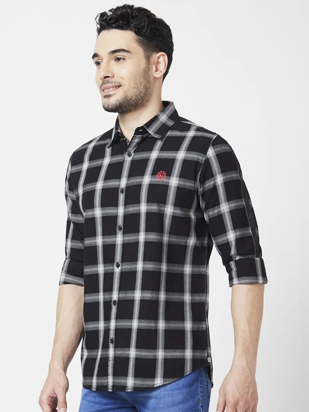 Spykar Men Silver Grey Cotton Regular Slim Fit Full Sleeve Checkered Shirt