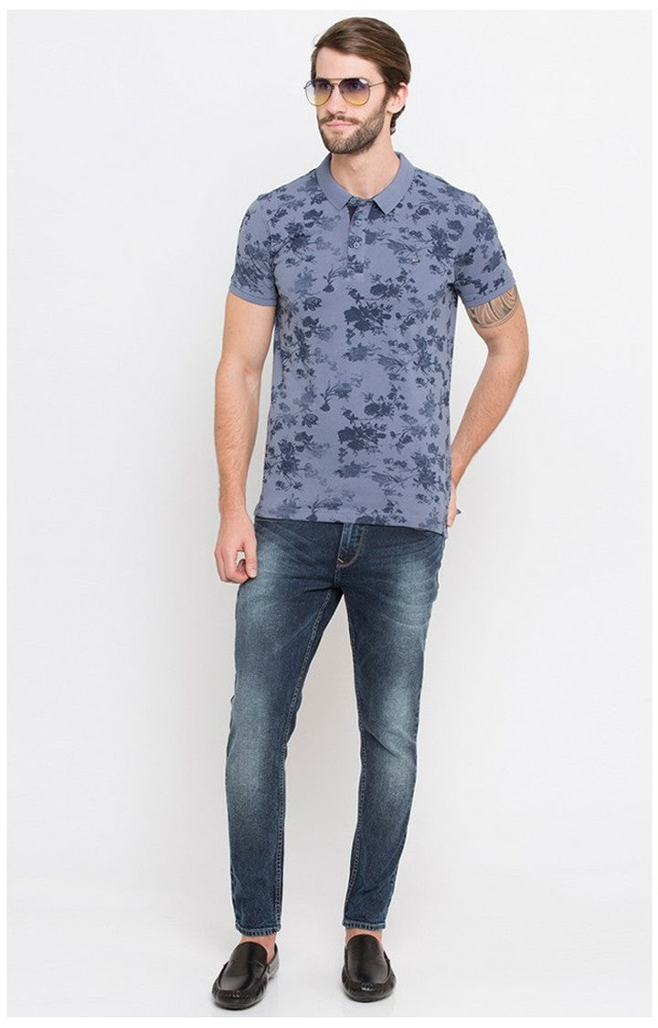 Spykar Blue Printed Slim Fit Polo T-Shirt