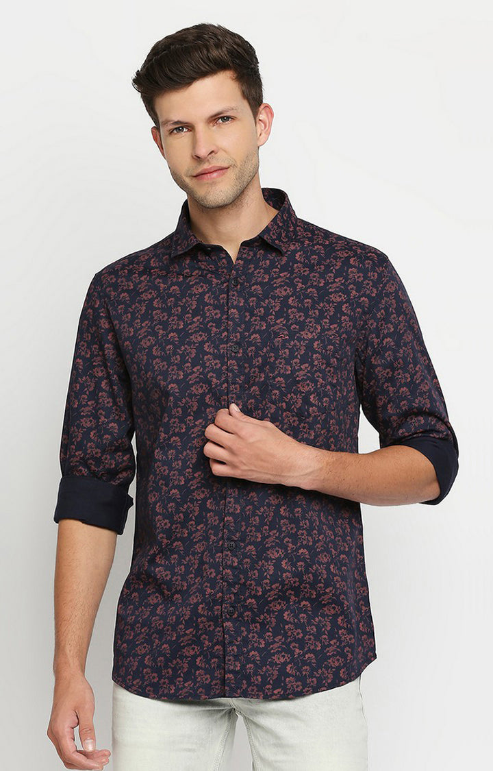 Spykar Men Navy Blue Cotton Slim Fit Floral Print Shirts