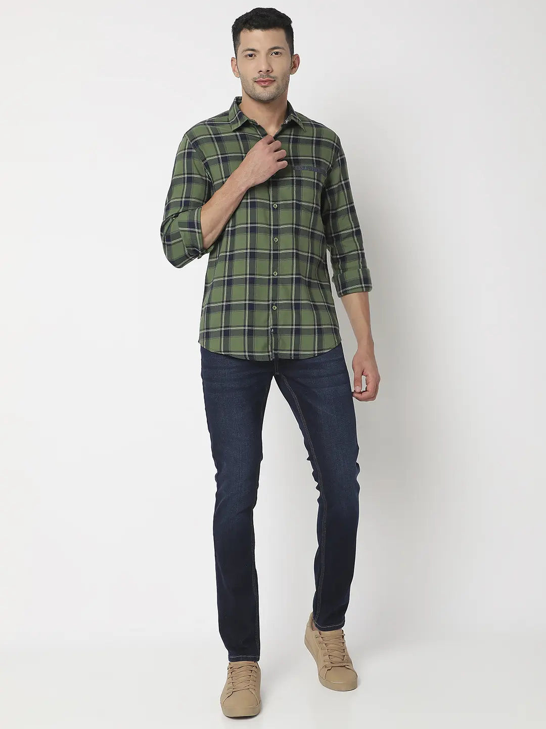 Spykar Men Olive Cotton Slim Fit Checkered Shirt