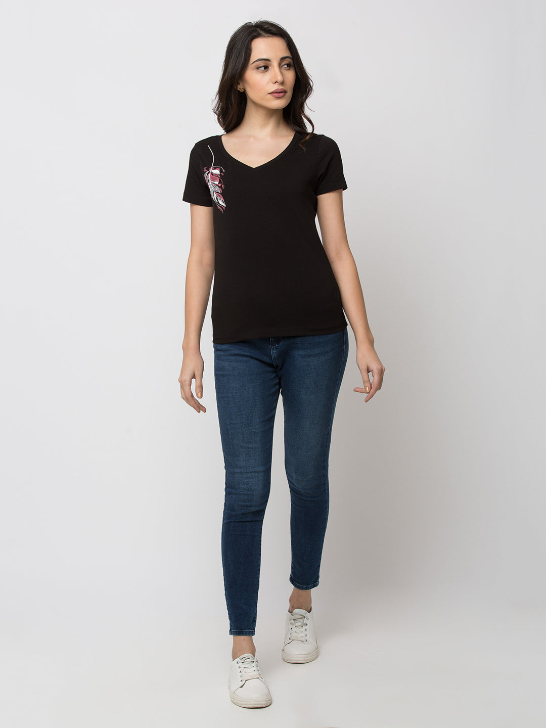 Spykar Women Black Cotton Slim Fit V-Neck T-Shirt