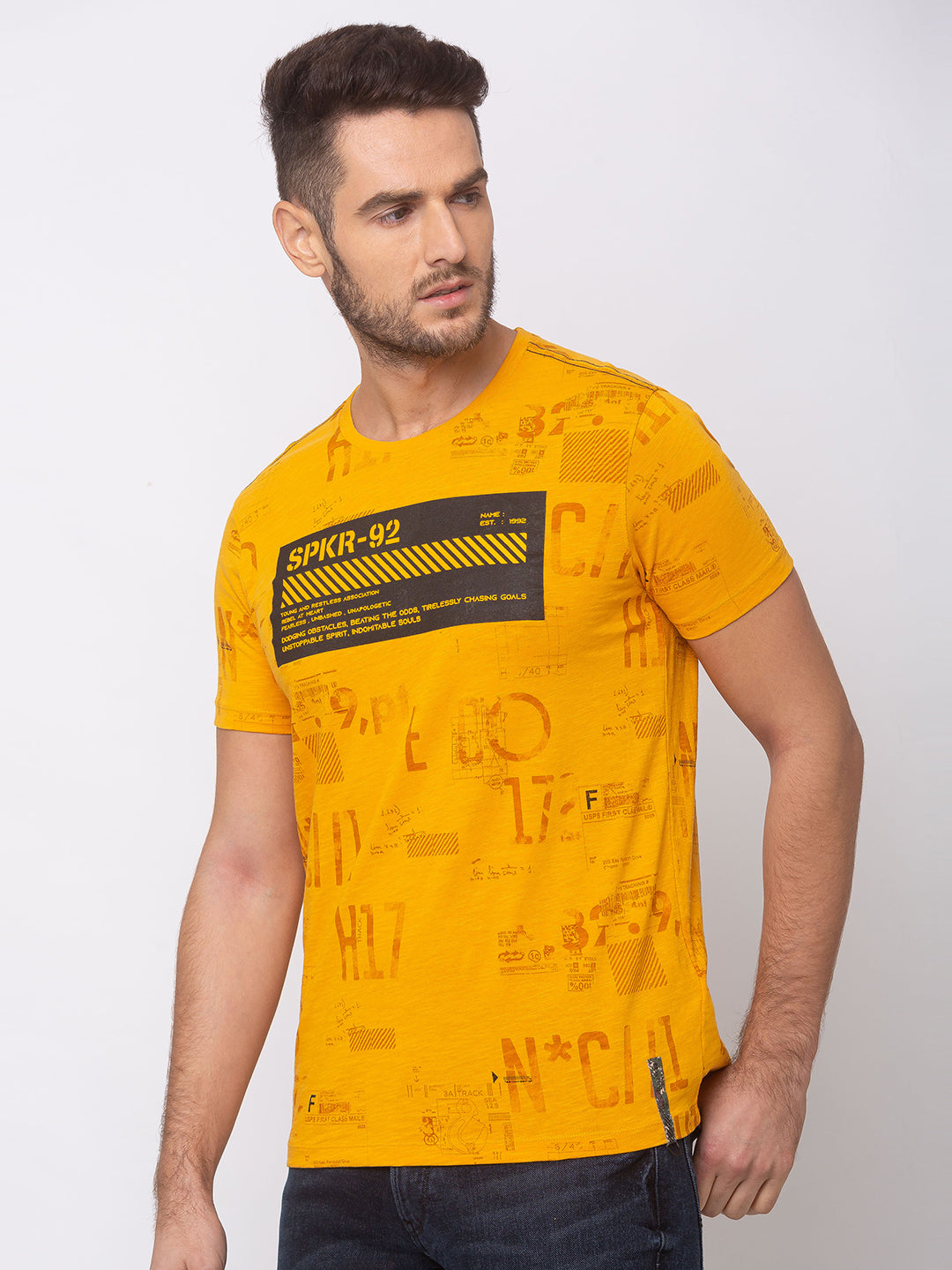 Spykar Men Yellow Cotton Slim Fit Round Neck T-Shirt