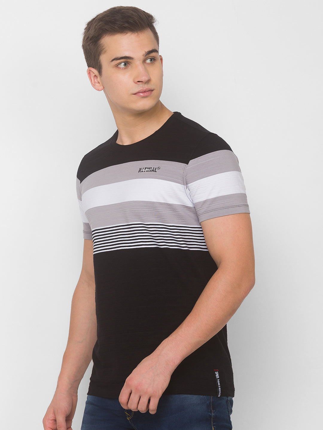 Spykar Men Black Cotton Slim Fit Round Neck T-Shirt