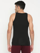 Men Premium Black Cotton Blend Vest - Underjeans By Spykar