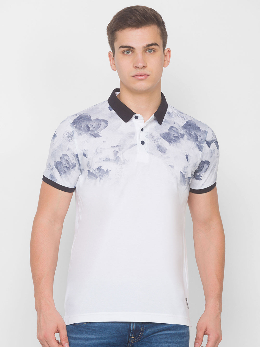 Spykar Men Grey Cotton Slim Fit Floral Polo T-Shirt