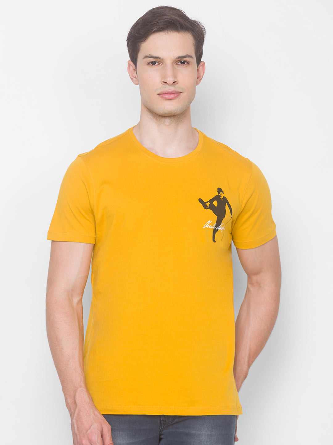 Charlie Chaplin Spykar Men Yellow Cotton Slim Fit Round Neck T-Shirt