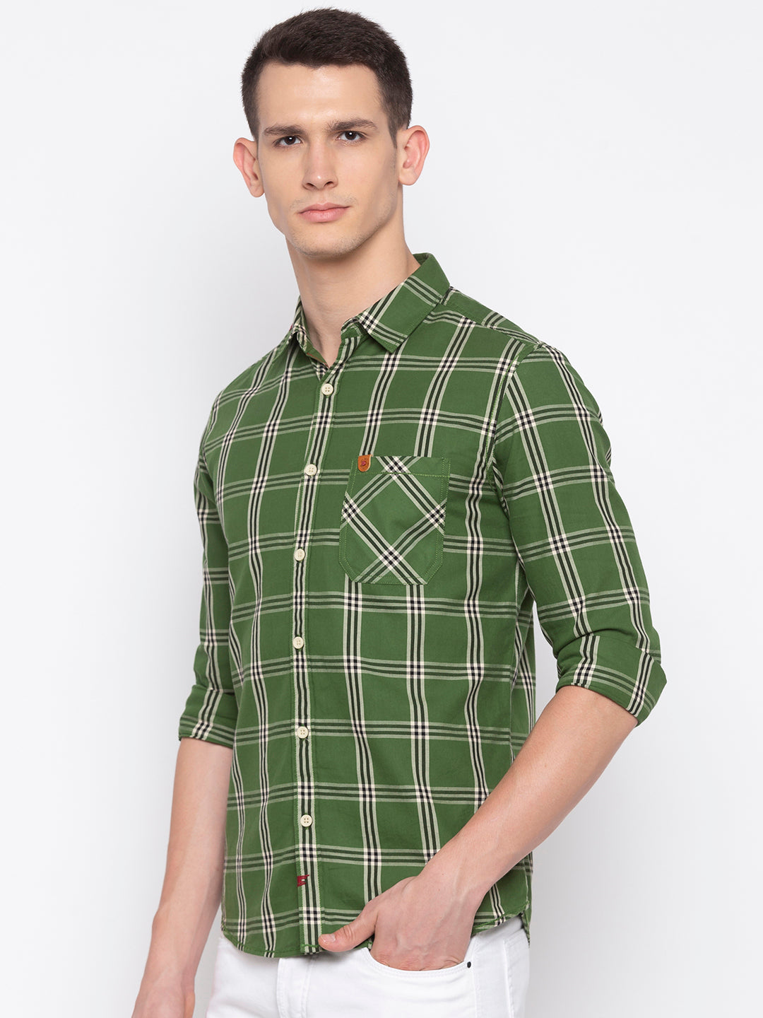 Spykar Men Olive Checked Slim Fit Casual Shirt