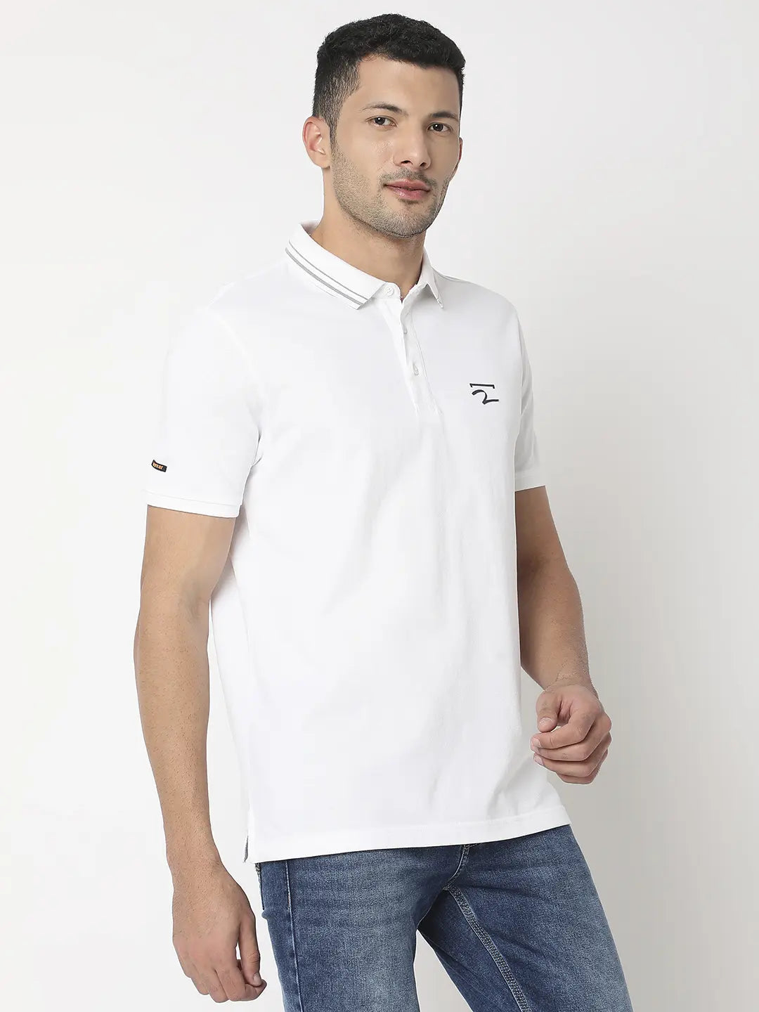 Spykar Men White Cotton Regular Fit Plain Polo Tshirt