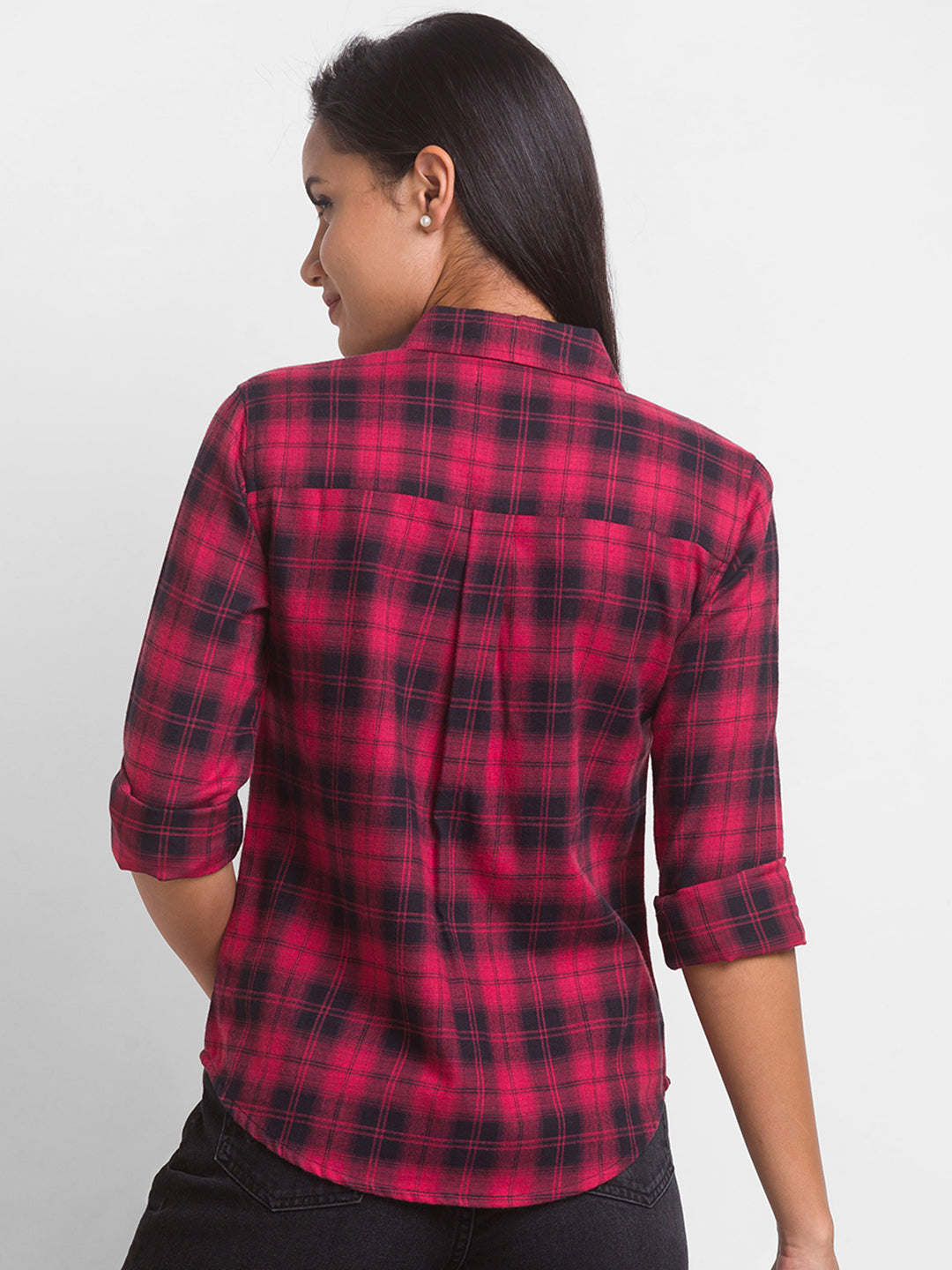 Spykar Red Cotton Full Sleeve Checks Shirts For Women
