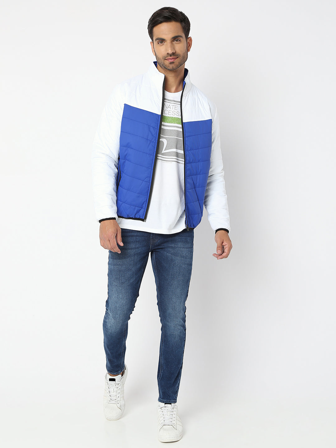 Spykar Men White & Royal Blue Nylon Regular Fit Jacket