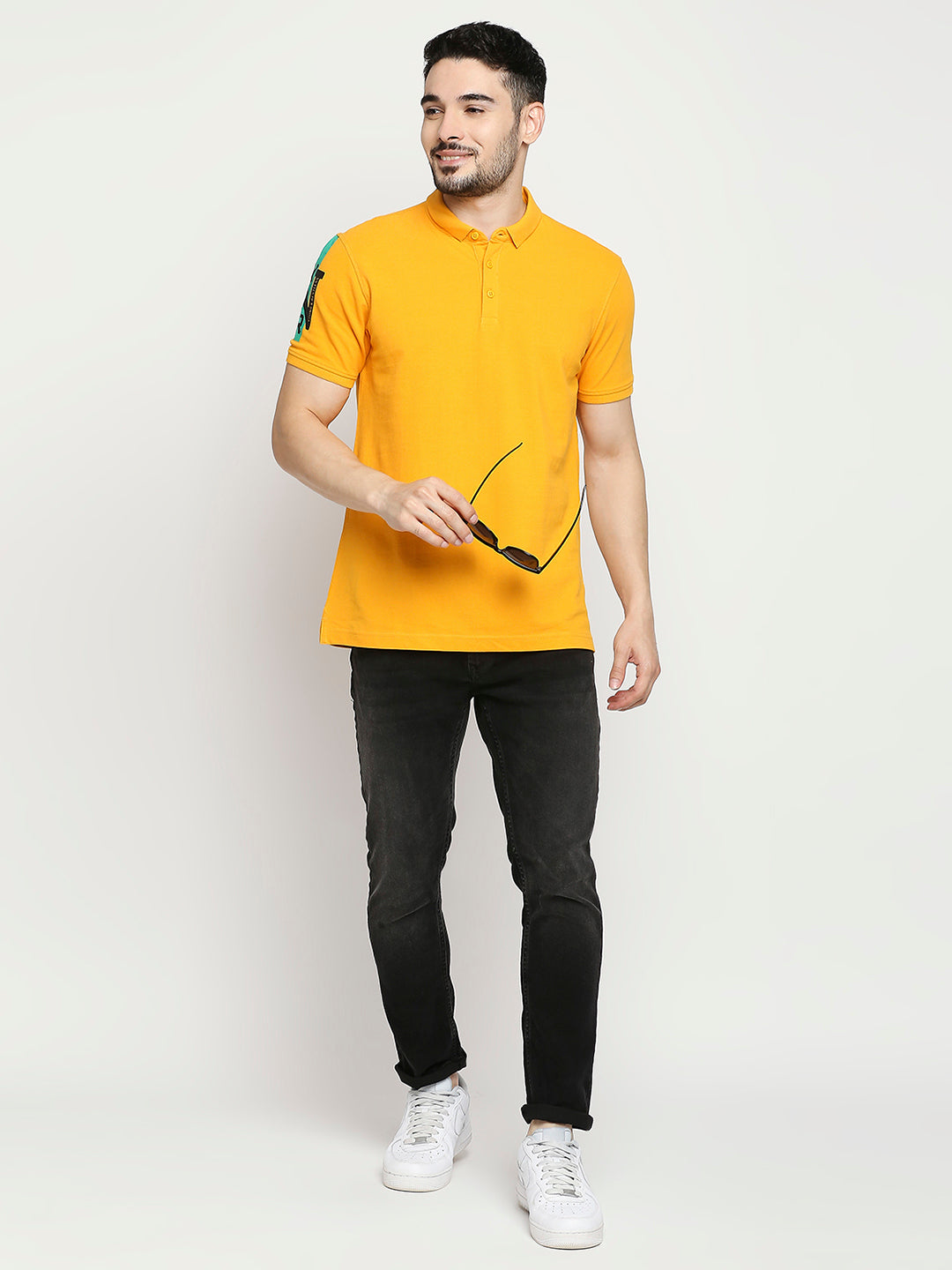 Spykar Chrome Yellow Cotton Half Sleeve Plain Polo Casual T-Shirts For Men