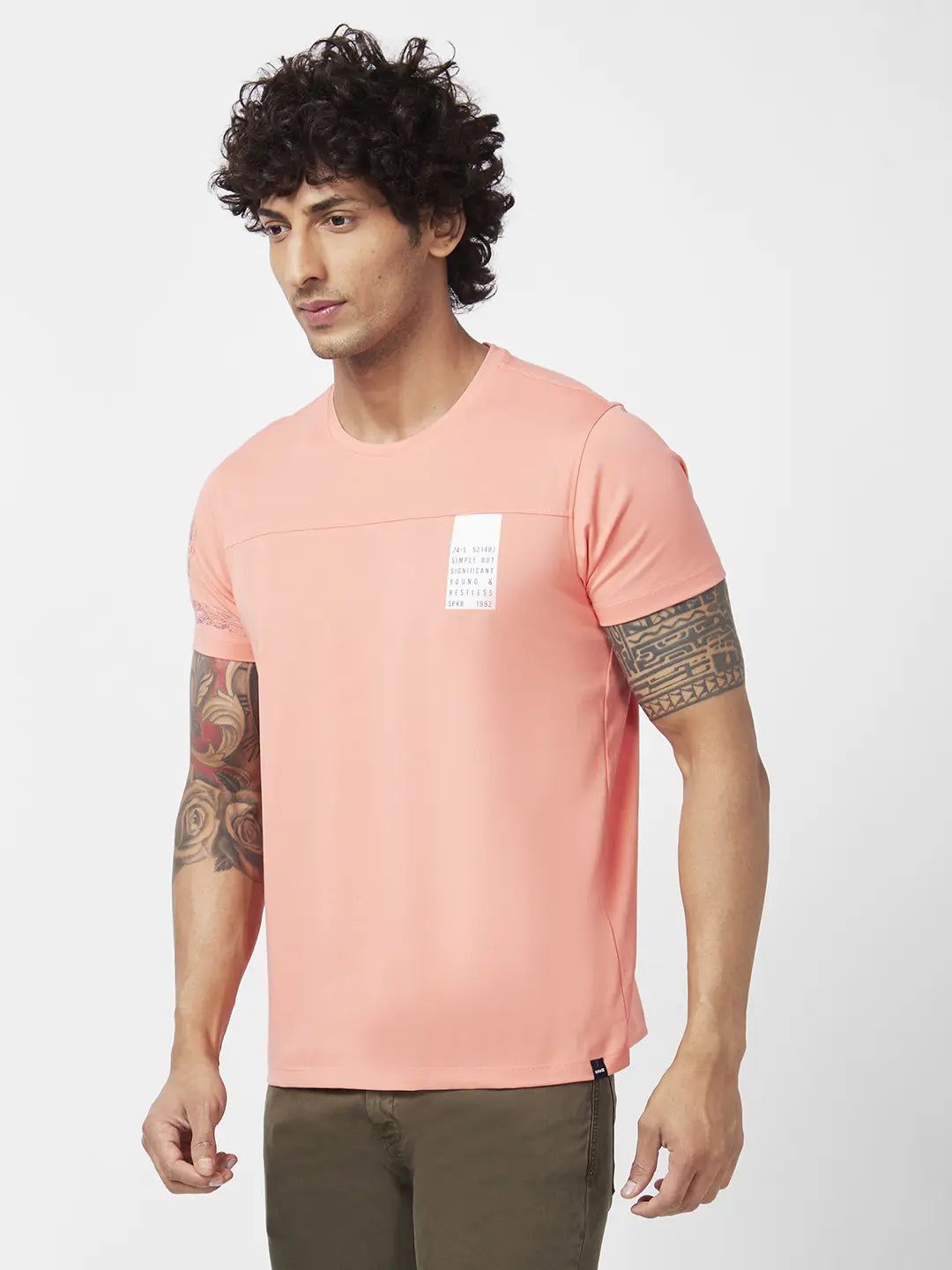 Spykar Men Peach Pink Blended Slim Fit Half Sleeve Round Neck Printed Tshirt