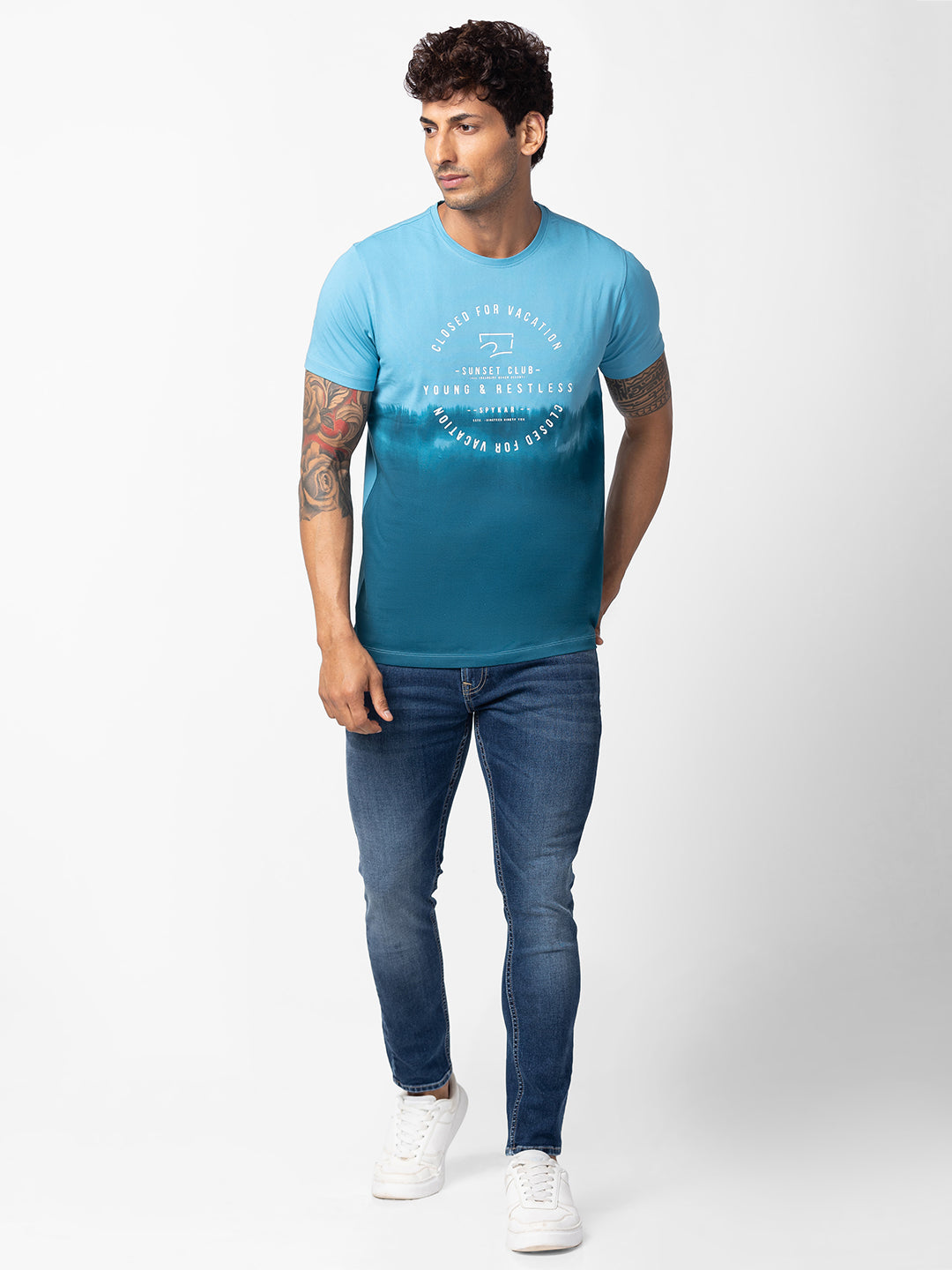 Spykar Men Haze Blue Cotton Regular Fit Half Sleeve Printed T-Shirt