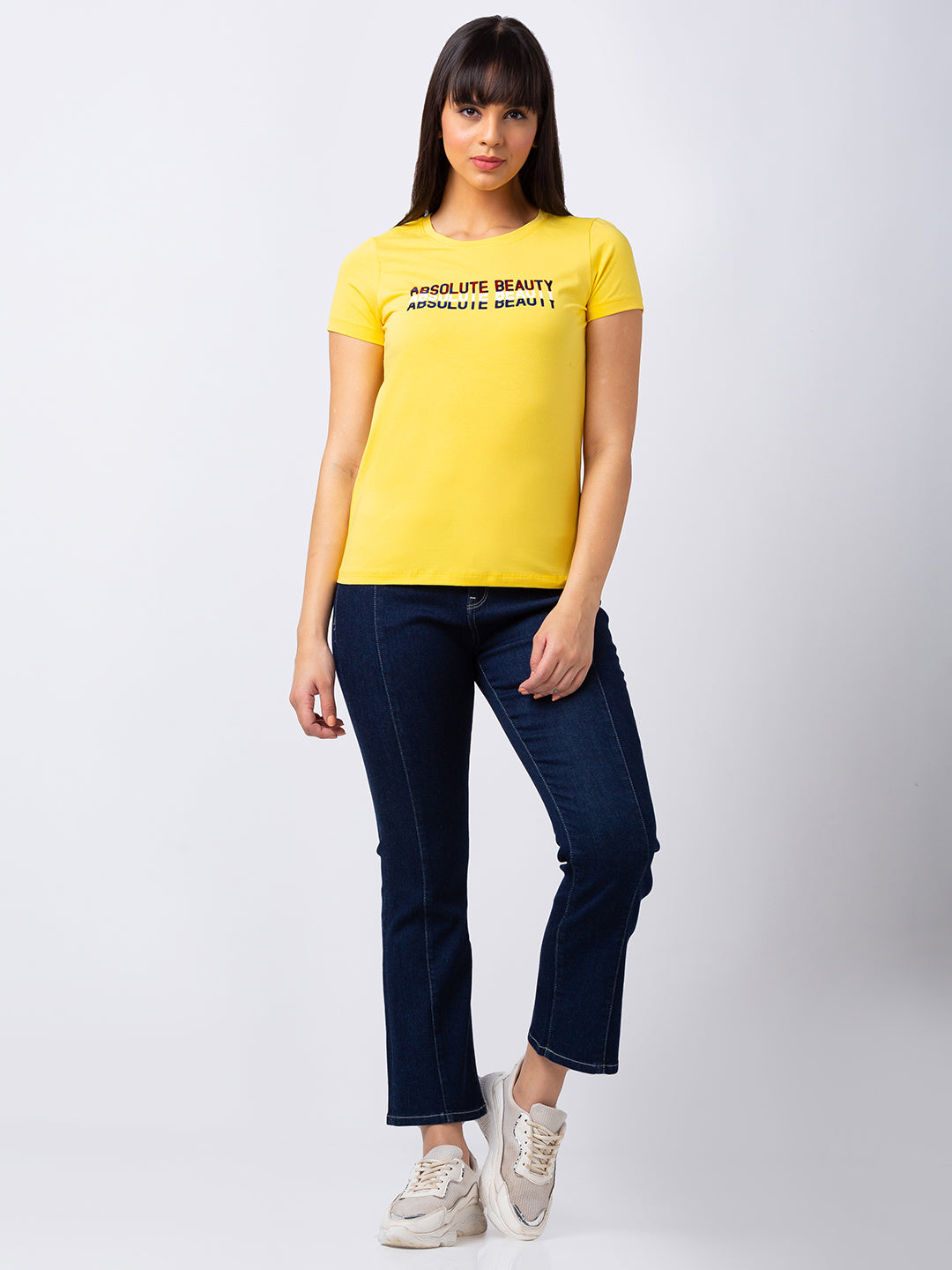 Spykar Women Lemon Yellow Blended Regular Fit Half Sleeve Printed Tshirt