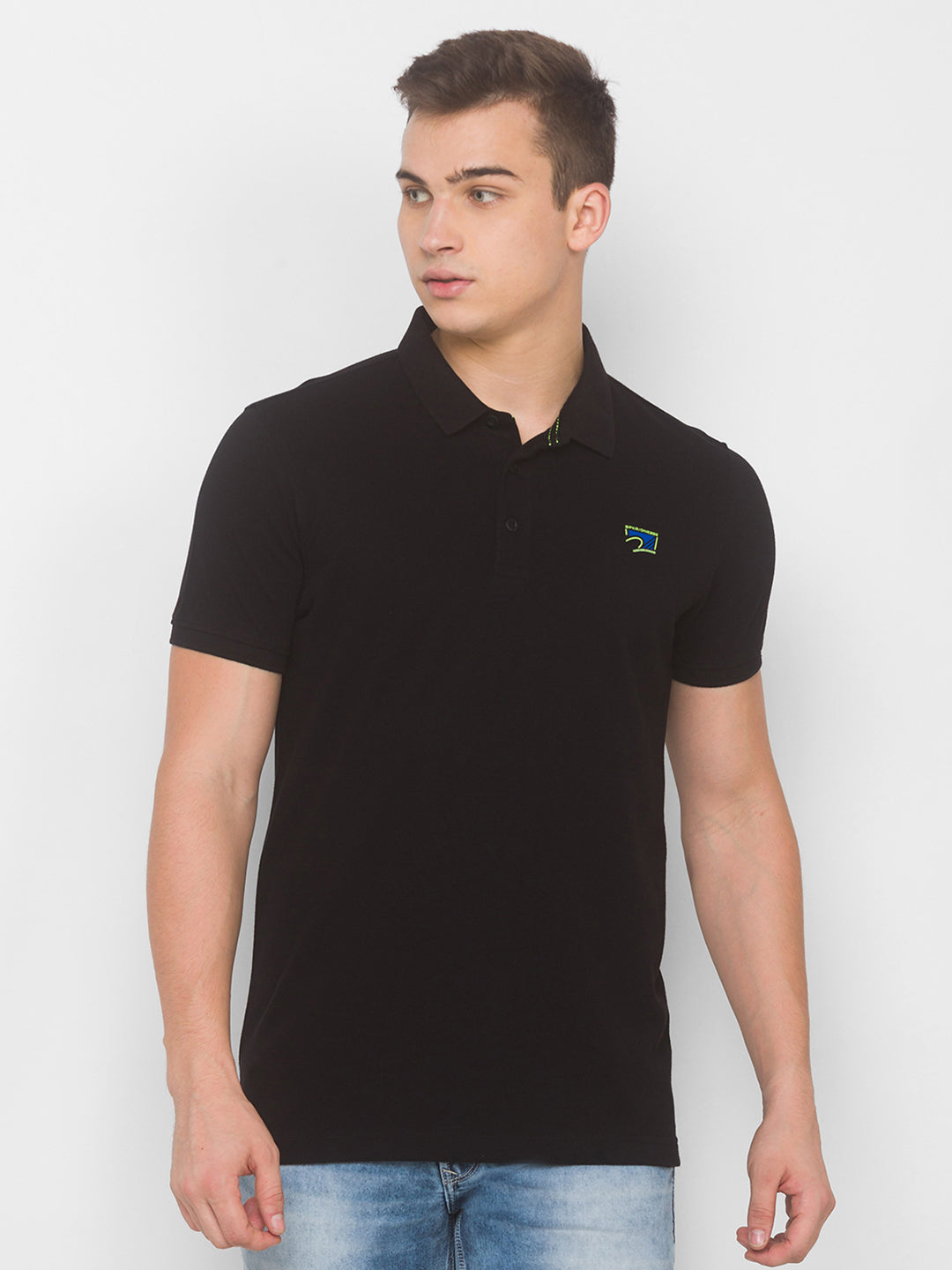 Spykar Men Black Cotton Slim Fit Polo T-Shirt