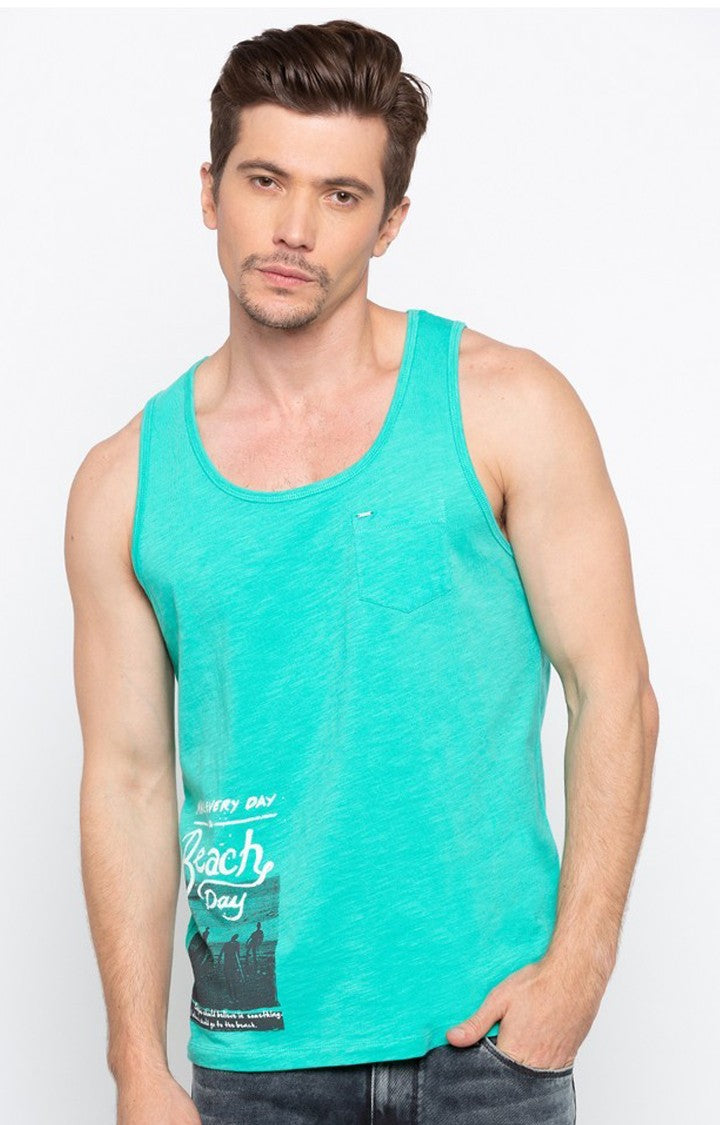 Spykar Bright Aqua Printed Slim Fit Men T-Shirts