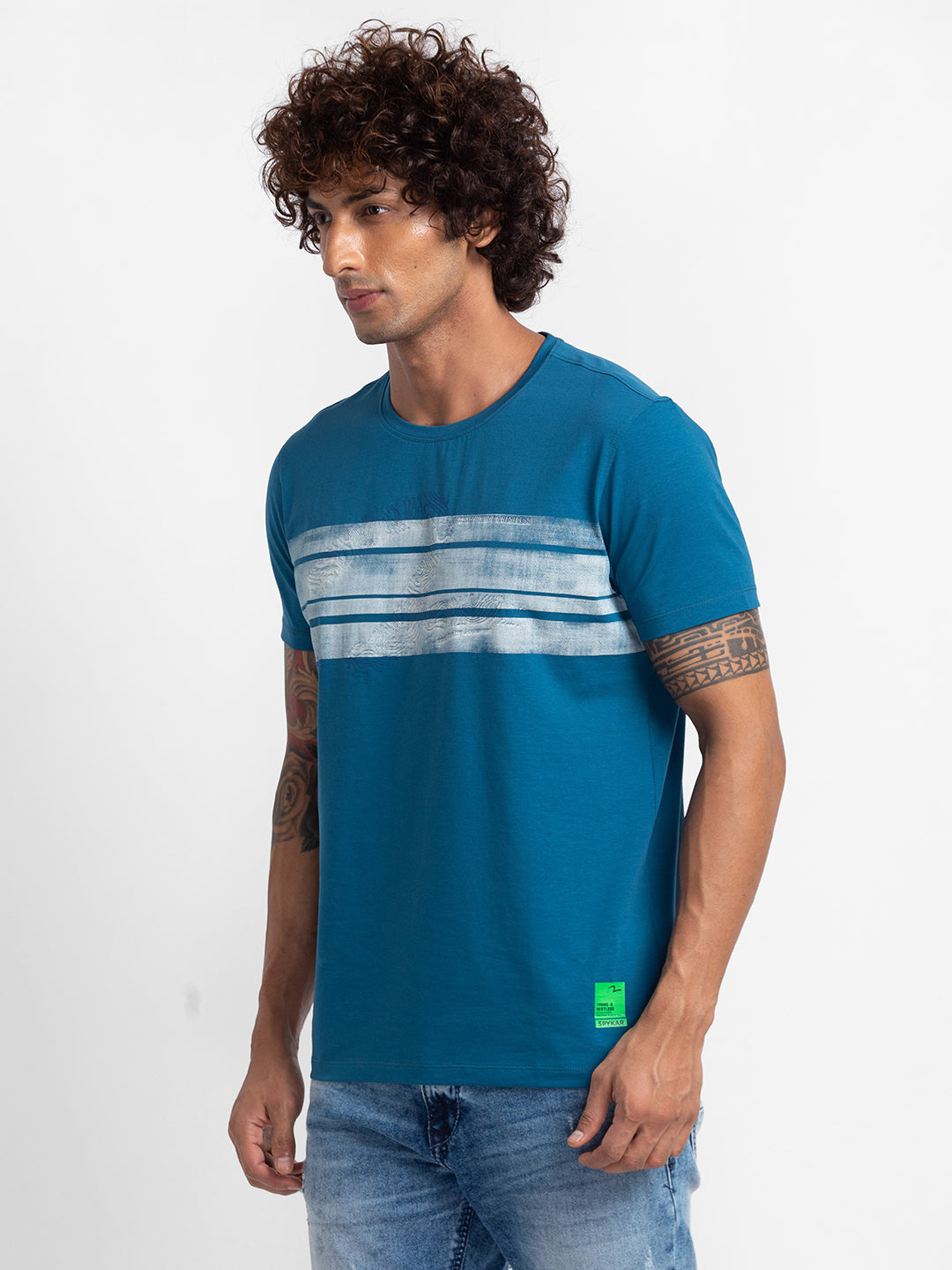 Spykar Men Light Teal Half Sleeve Printed Casual T-Shirt