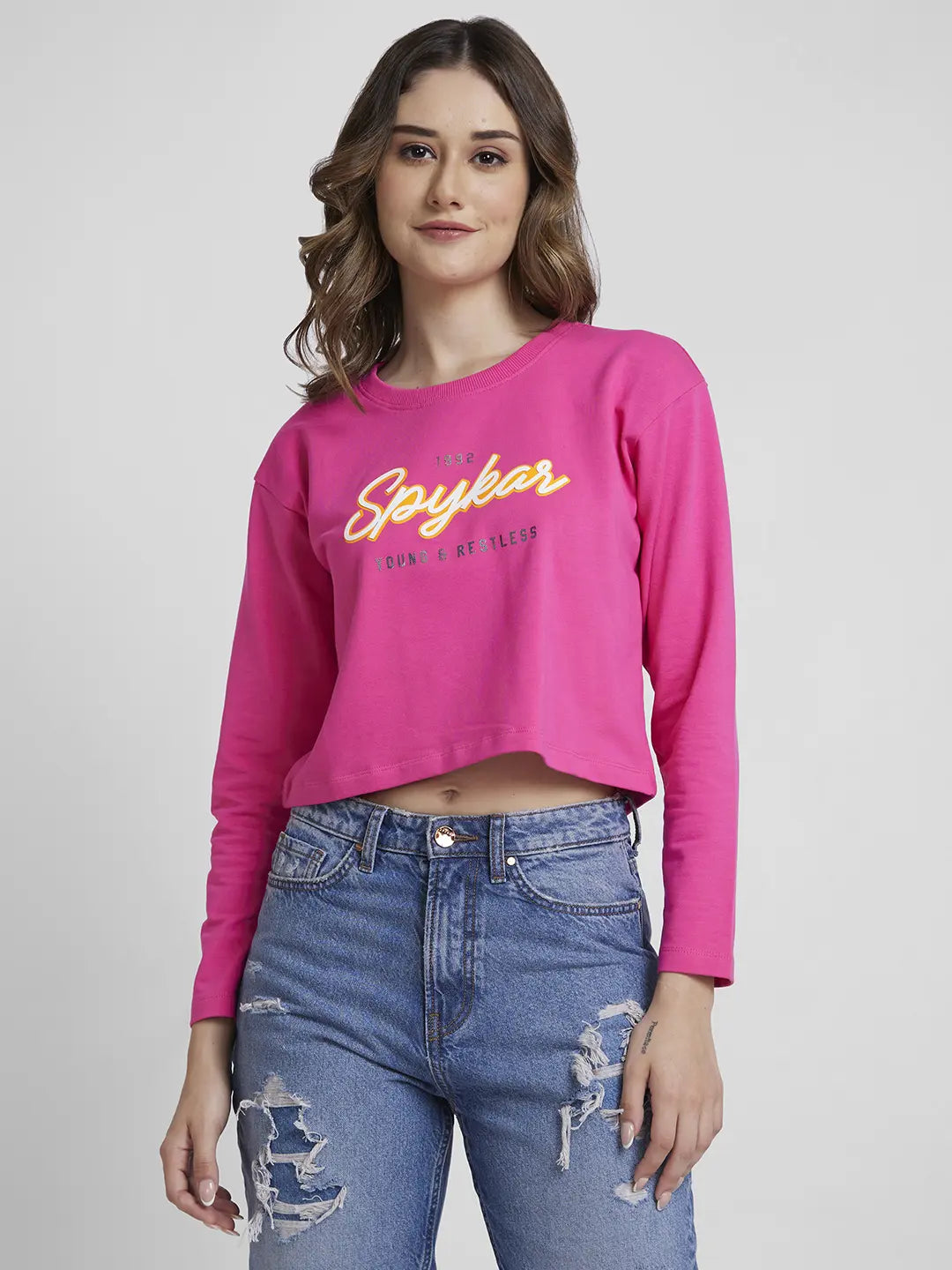 Spykar Women Luminous Pink Blended Boxy Fit Round Neck Printed Crop Sweatshirt