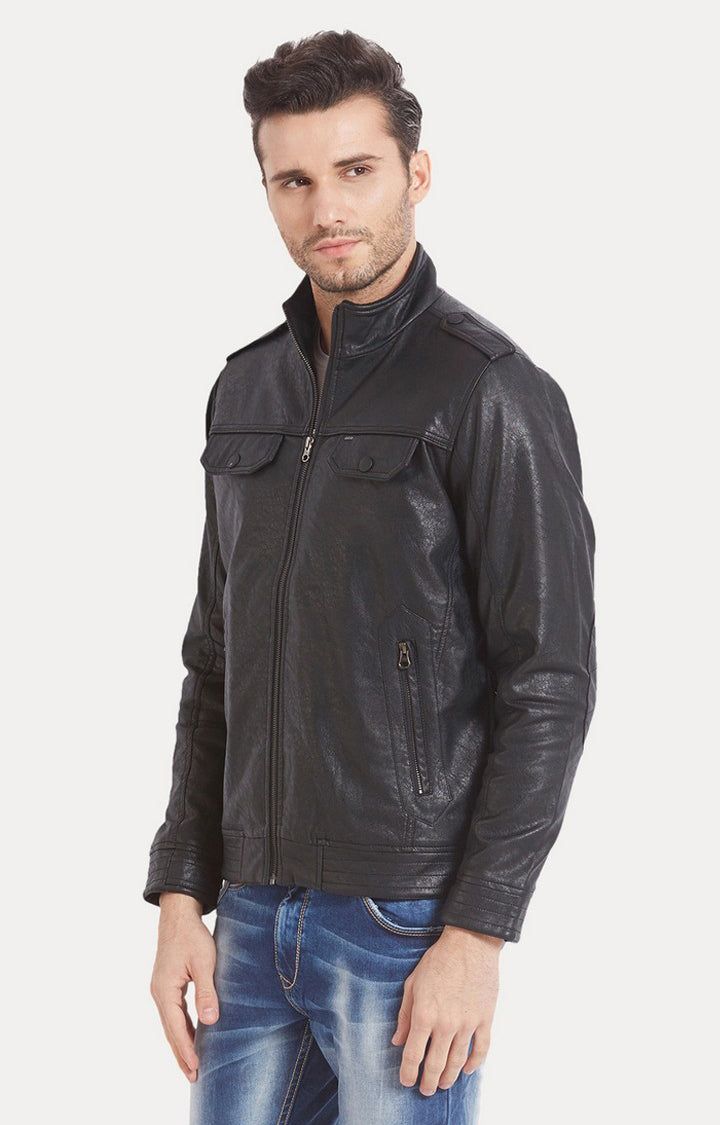 Spykar Men Black Solid Regular Fit Leather Jacket