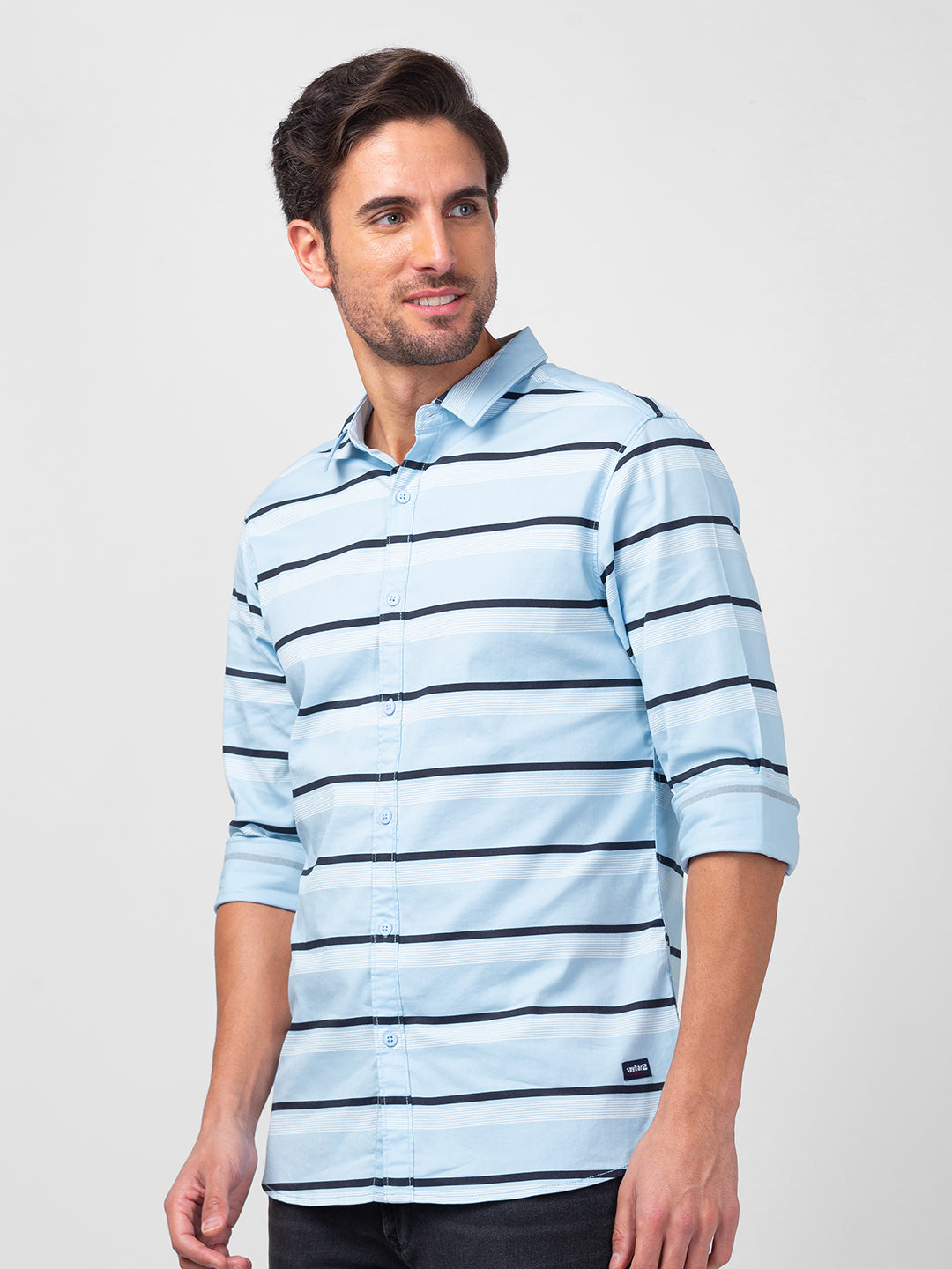 Spykar Men Sky Blue Cotton Slim Fit Striped Shirts