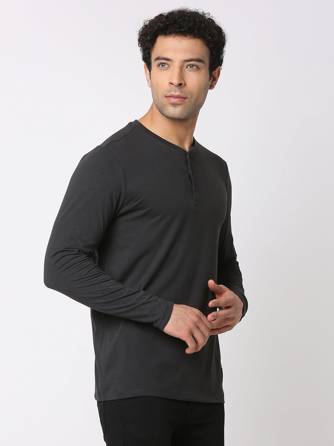 Spykar Men Slate Grey Cotton Slim Fit Henley Neck Plain T-Shirt