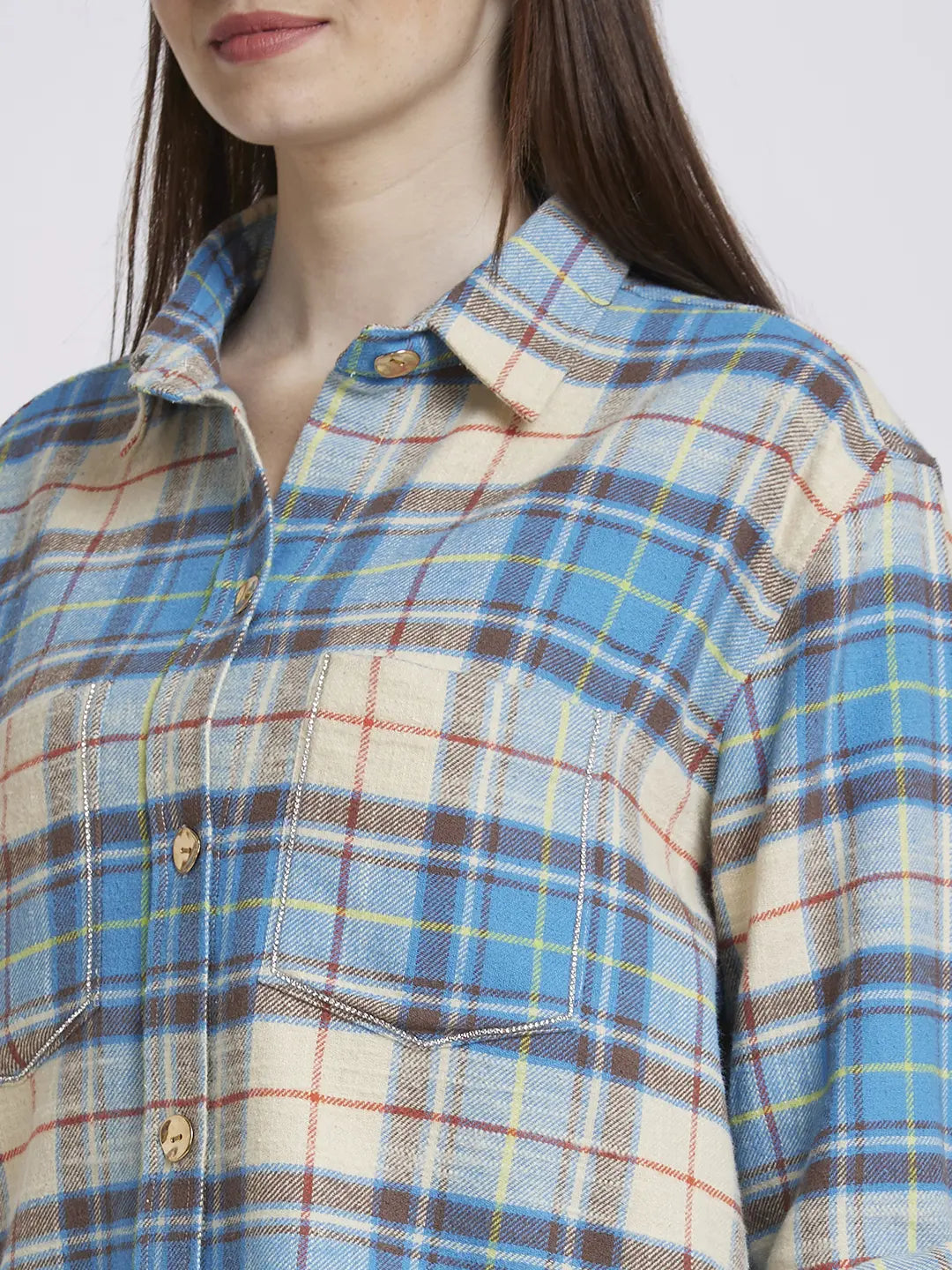 Spykar Women Blue Cotton Oversize Fit Full Sleeve Checkered Shirt