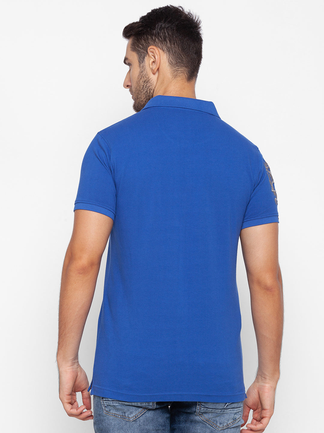 Spykar Men Blue Cotton Slim Fit Polo T-Shirt