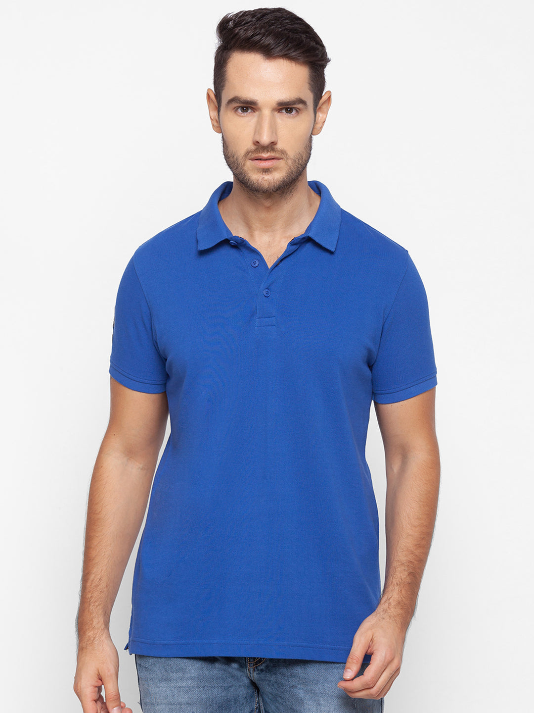 Spykar Men Blue Cotton Slim Fit Polo T-Shirt