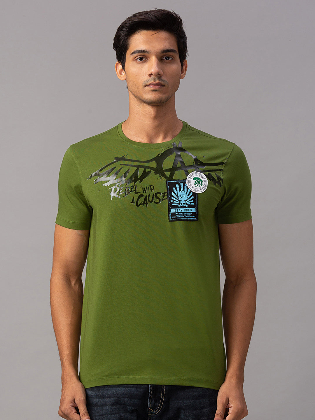 Spykar Men Green Cotton Slim Fit Round Neck T-Shirt