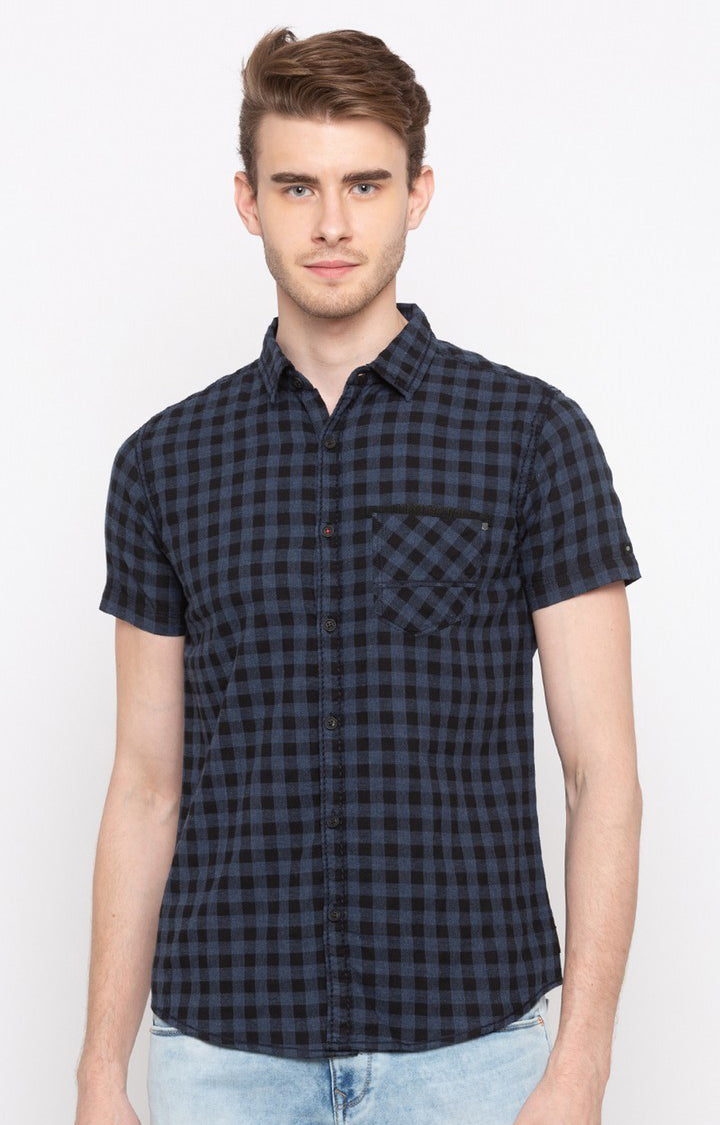 Spykar Men'S Blue Cotton Checked Casual Shirts