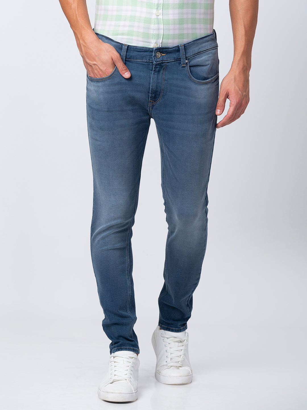 Spykar Men Mid Blue Cotton Slim Fit Tapered Length Jeans (Kano)