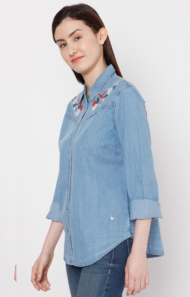 Spykar Women Mid Blue Cotton Regular Fit Denim Shirt