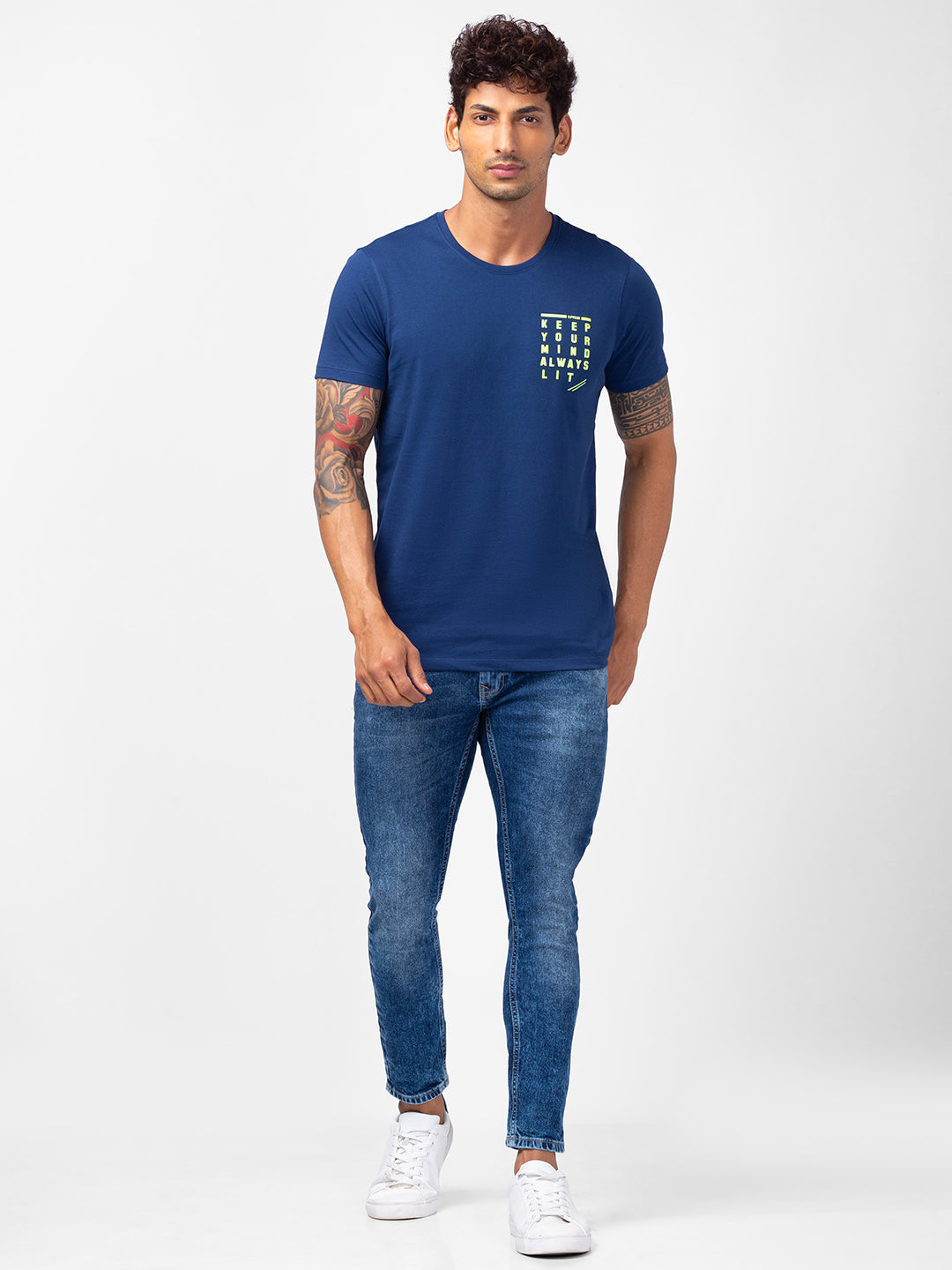 Spykar Men Indigo Blue Cotton Slim Fit Round Neck Plain T-Shirt