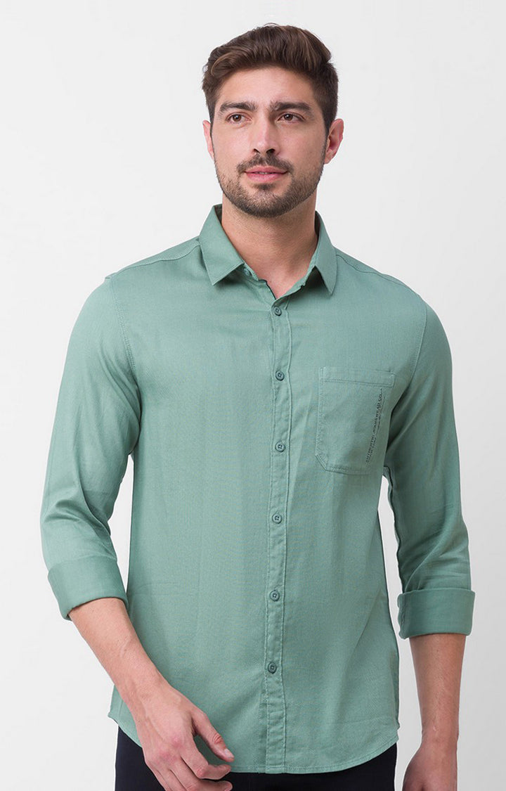 Spykar Sage Green Cotton Full Sleeve Plain Shirt For Men