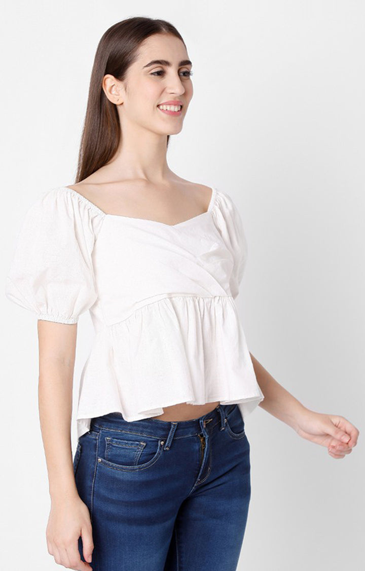 Spykar White Cotton Women Top