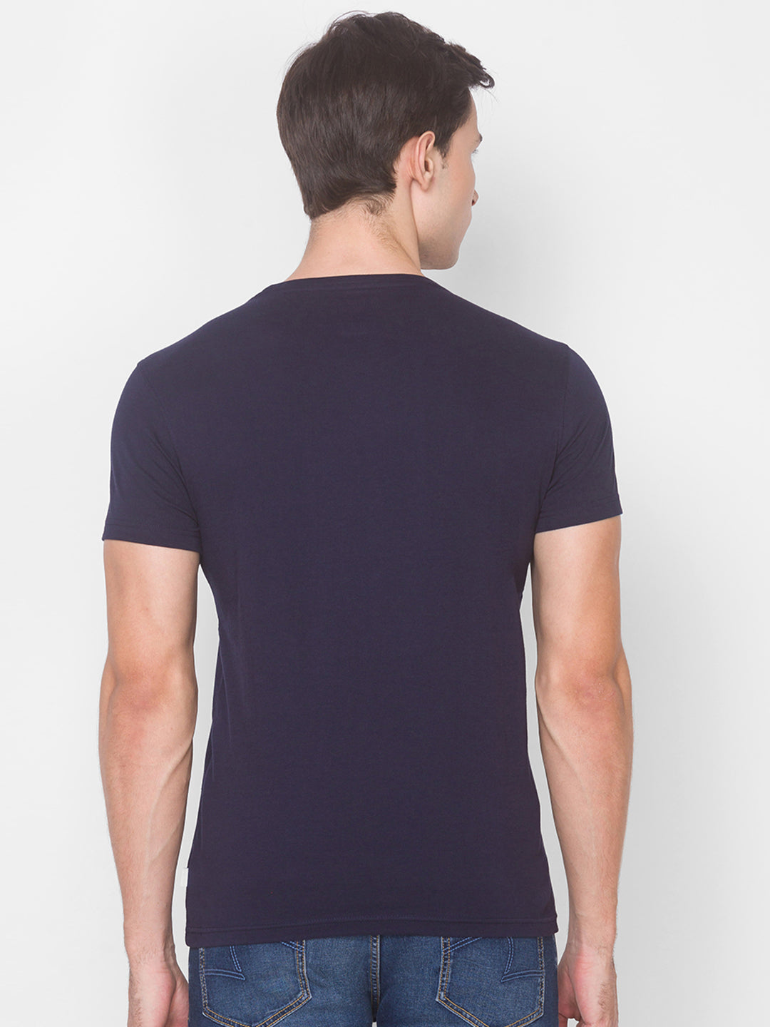 Spykar Men Blue Cotton Slim Fit Round Neck T-Shirt