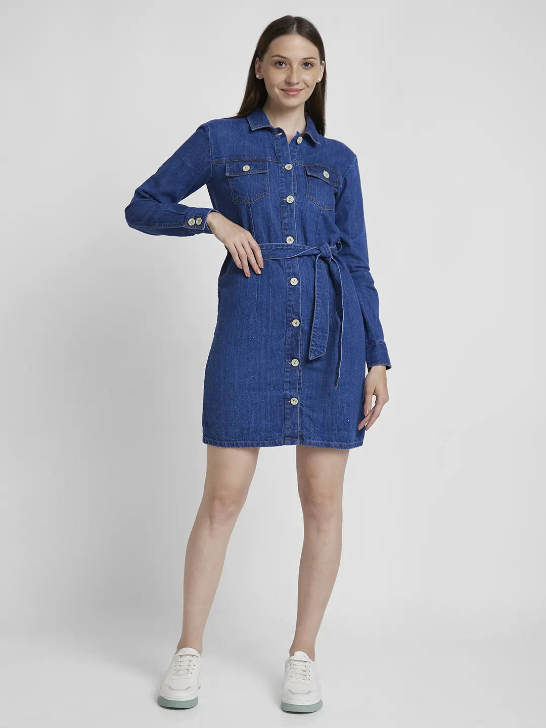 Spykar Women Mid Blue Cotton Regular Fit Classic Collar Knee Length Denim Dress