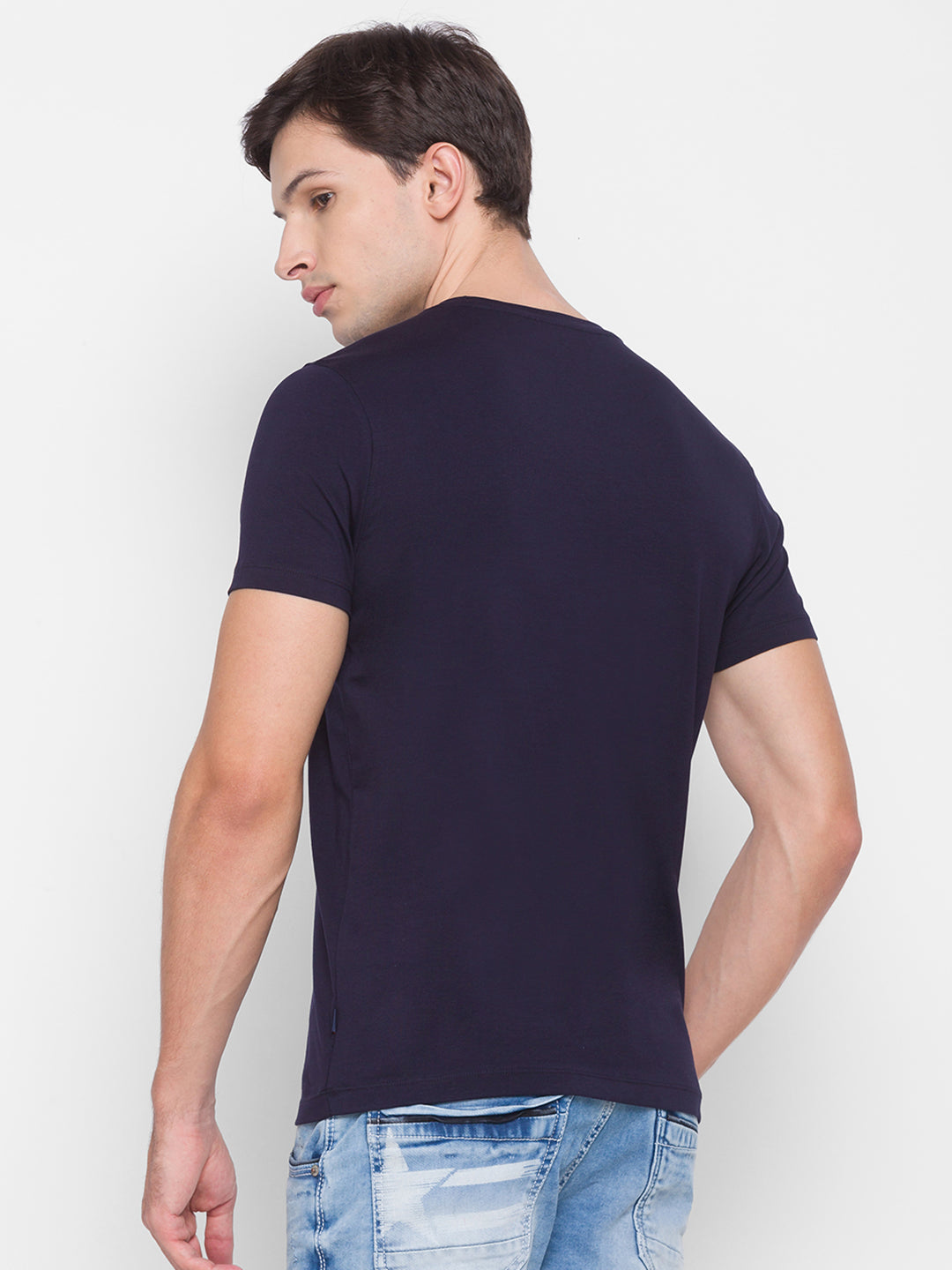 Spykar Men Blue Cotton Slim Fit Round Neck T-Shirt