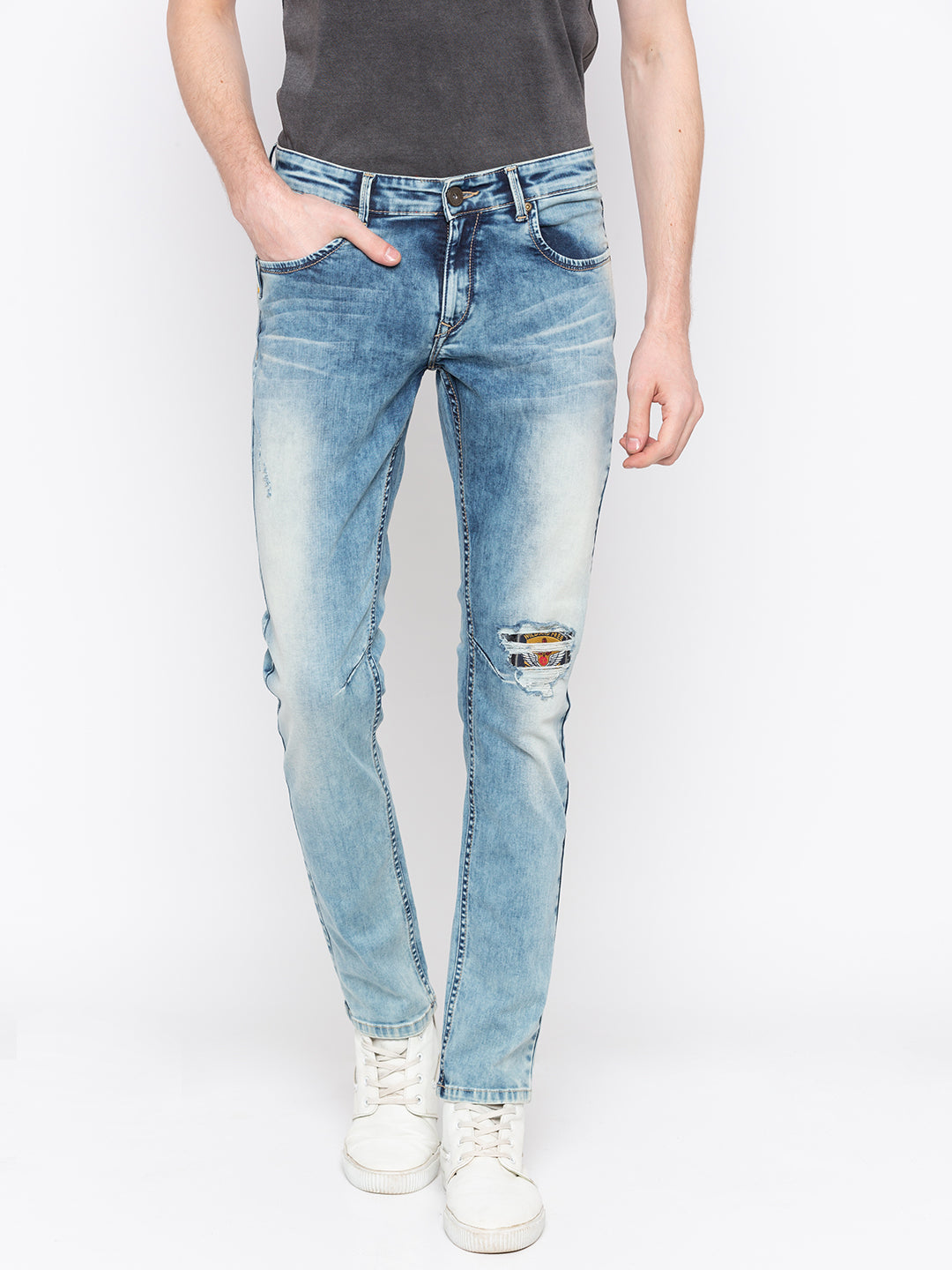 Spykar Men Light Blue Ripped Skinny Fit Jeans