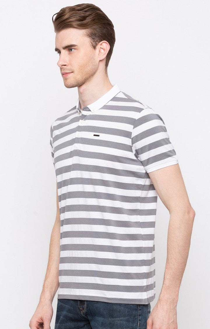 Spykar White and Grey Striped Slim Fit Polo T-Shirt