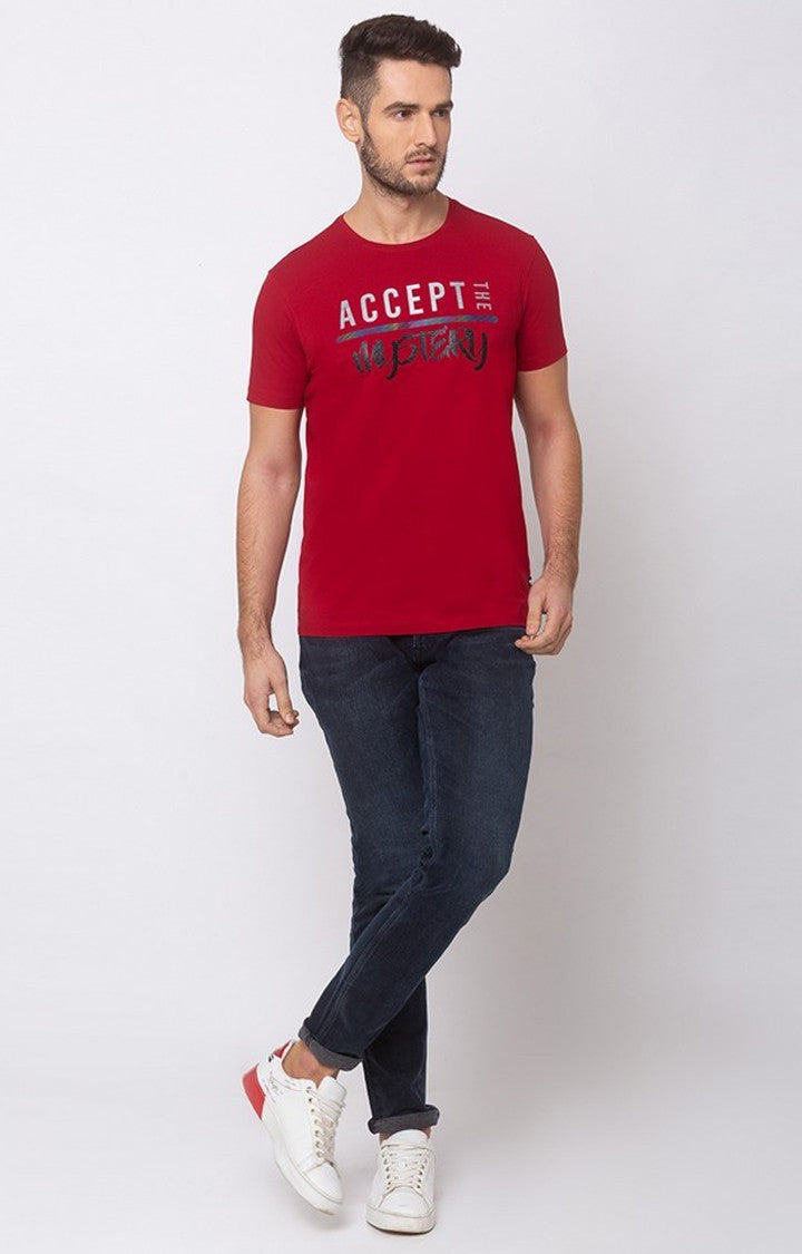 Spykar Red Cotton Slim Fit T-Shirt For Men