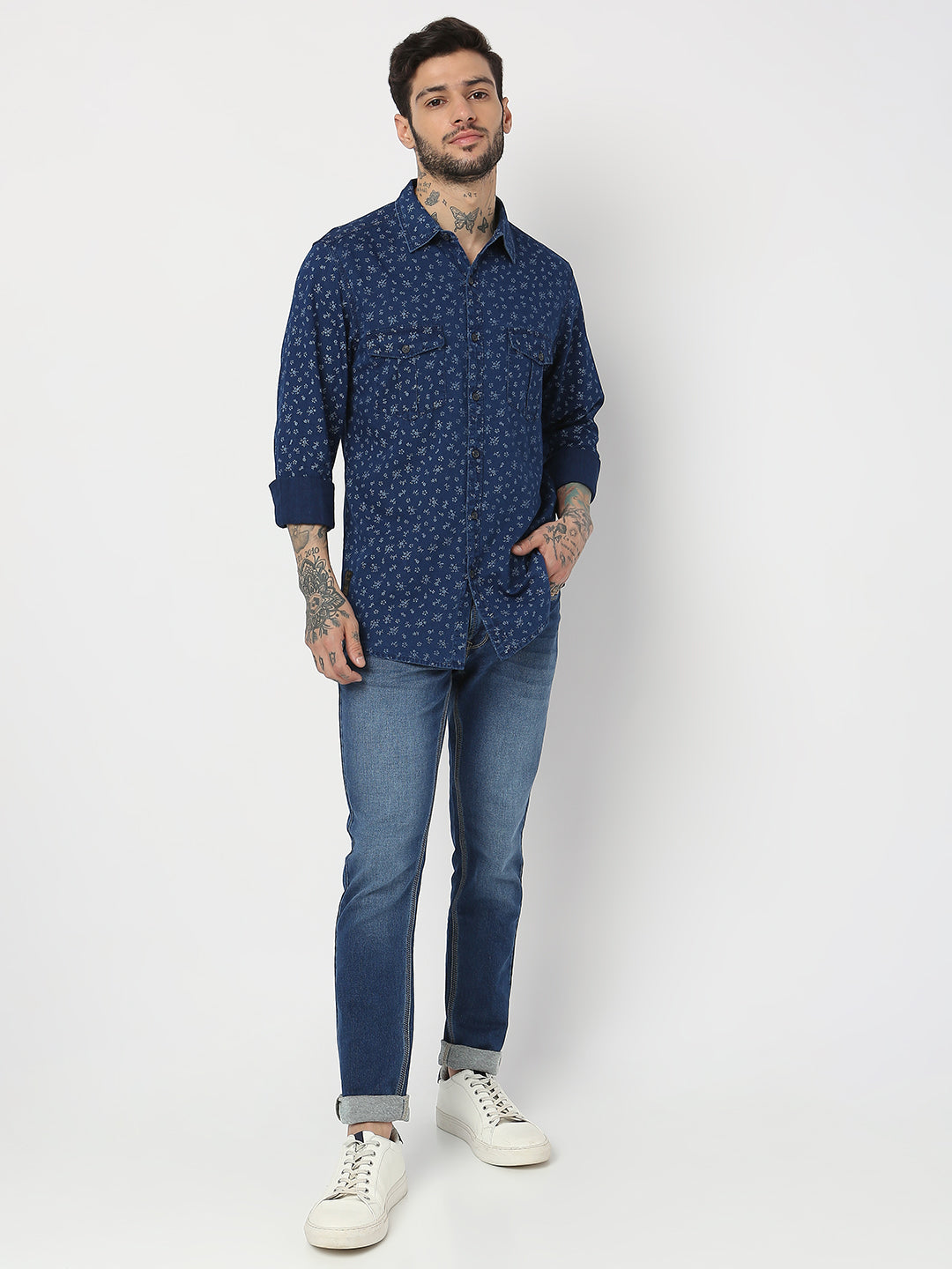 Spykar Men Indigo Blue/Khaki Cotton Slim Fit Printed Shirts