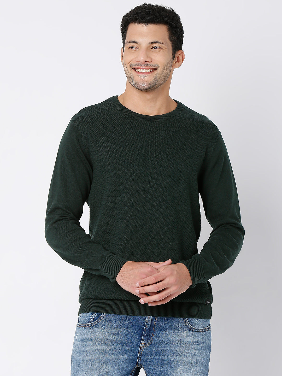 Buy Spykar Men Bottle Green Cotton Full Sleeve Casual Sweater Online