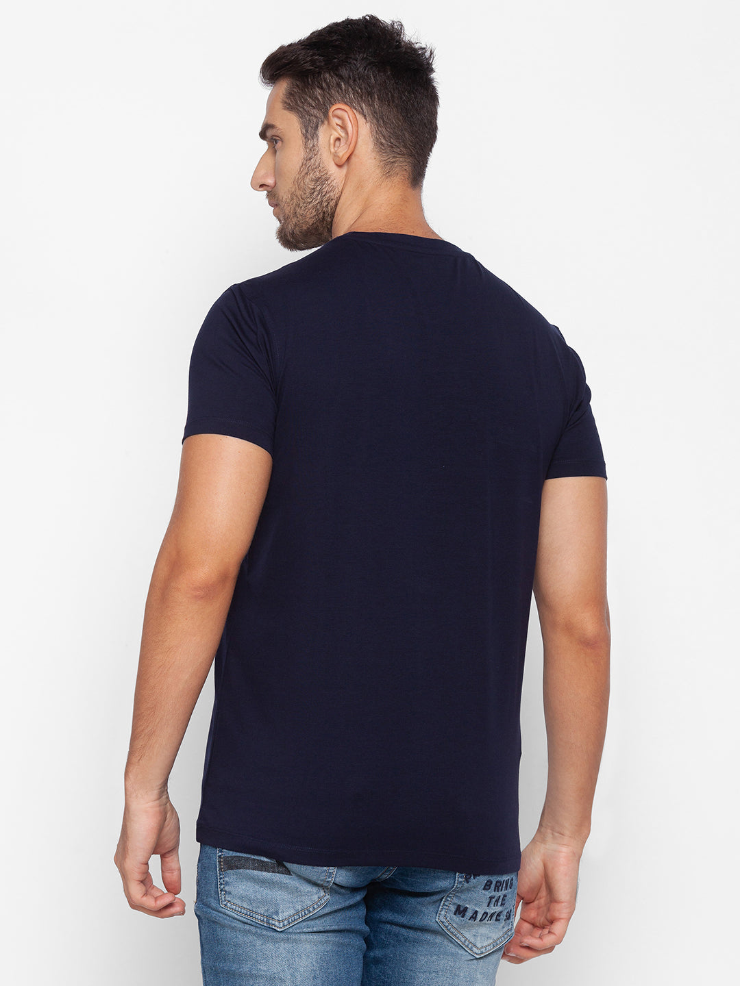 Spykar Men Blue Cotton Slim Fit Round Neck T-Shirt